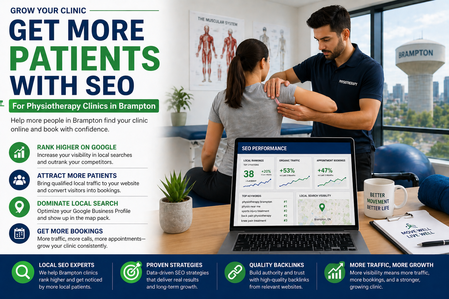 Physiotherapy clinic in Brampton using SEO to attract more patients and increase bookings