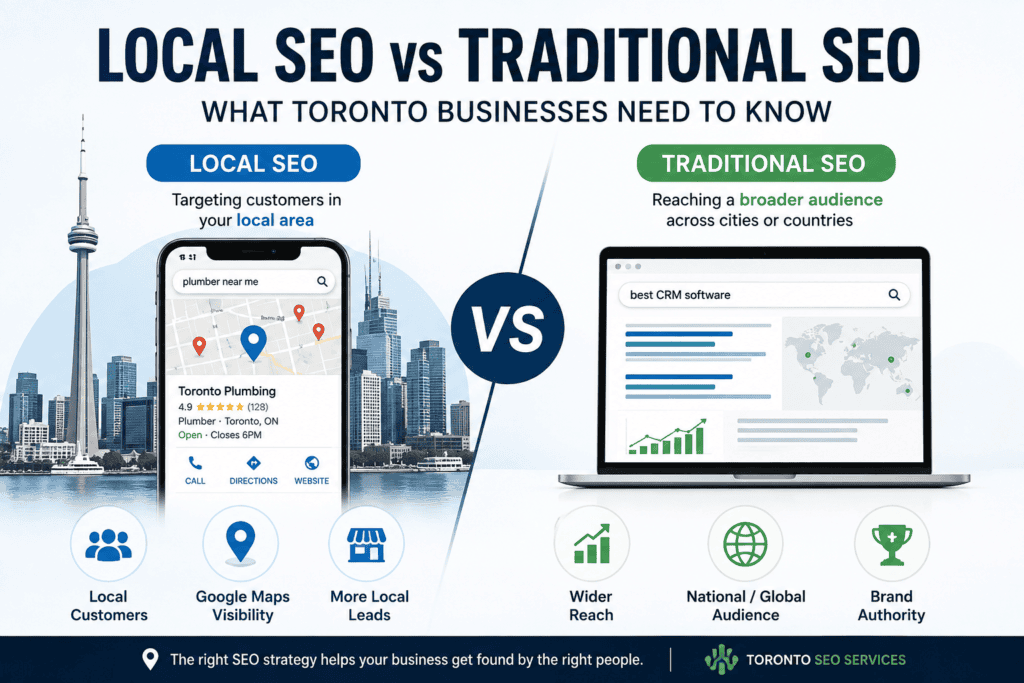 Local SEO vs traditional SEO for Toronto businesses comparing local search visibility with broader organic search