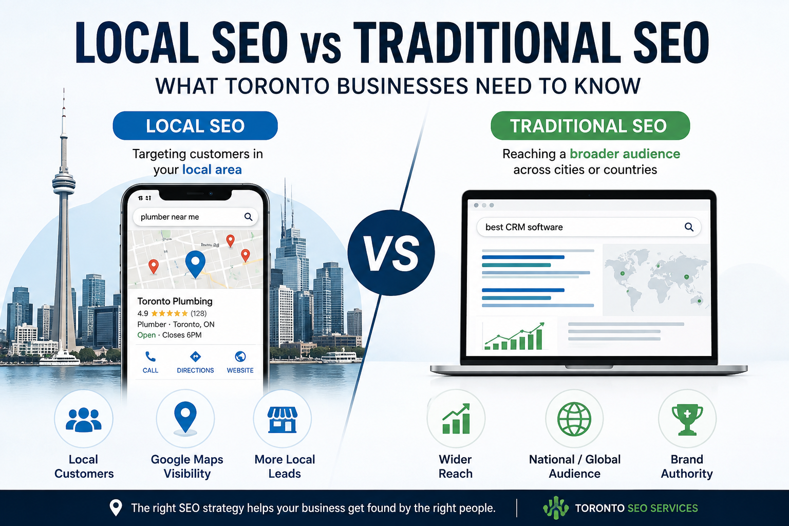 Local SEO vs traditional SEO for Toronto businesses comparing local search visibility with broader organic search